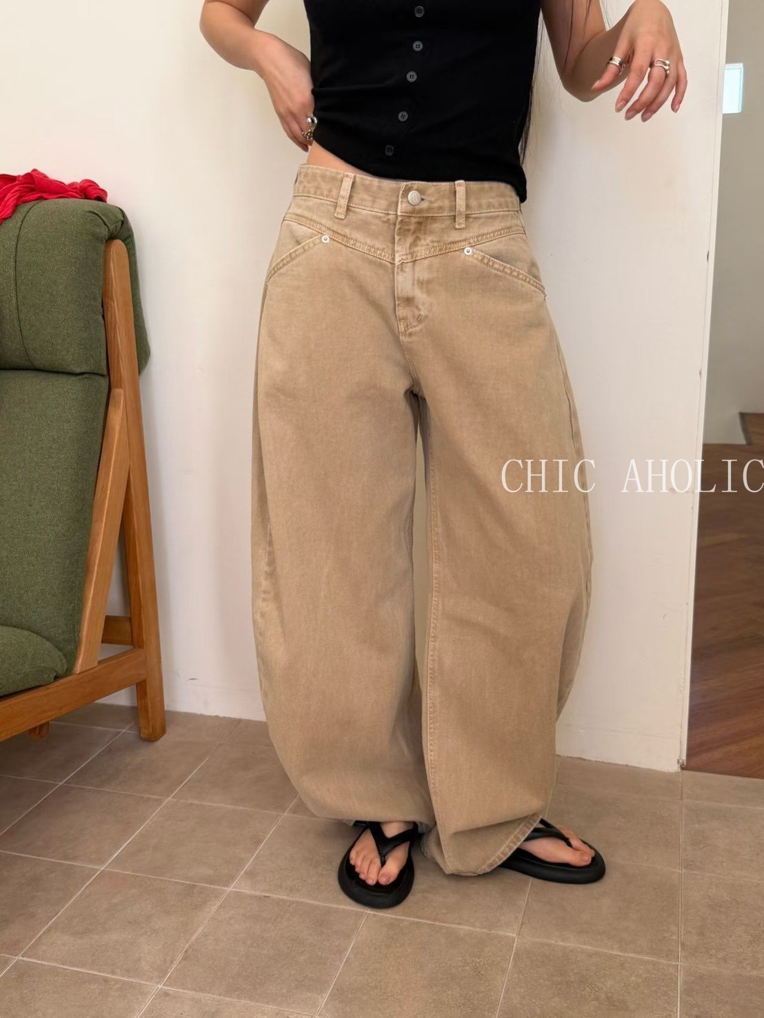 沙卡其斜口袋闊腿褲