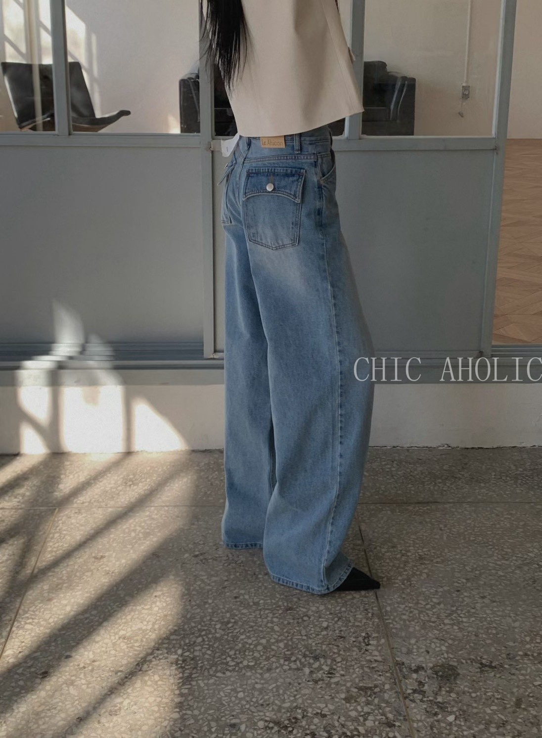 後掀蓋口袋直腿牛仔長褲