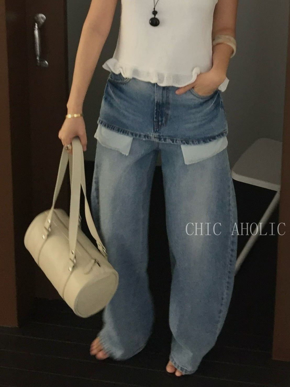 短裙拼接牛仔褲