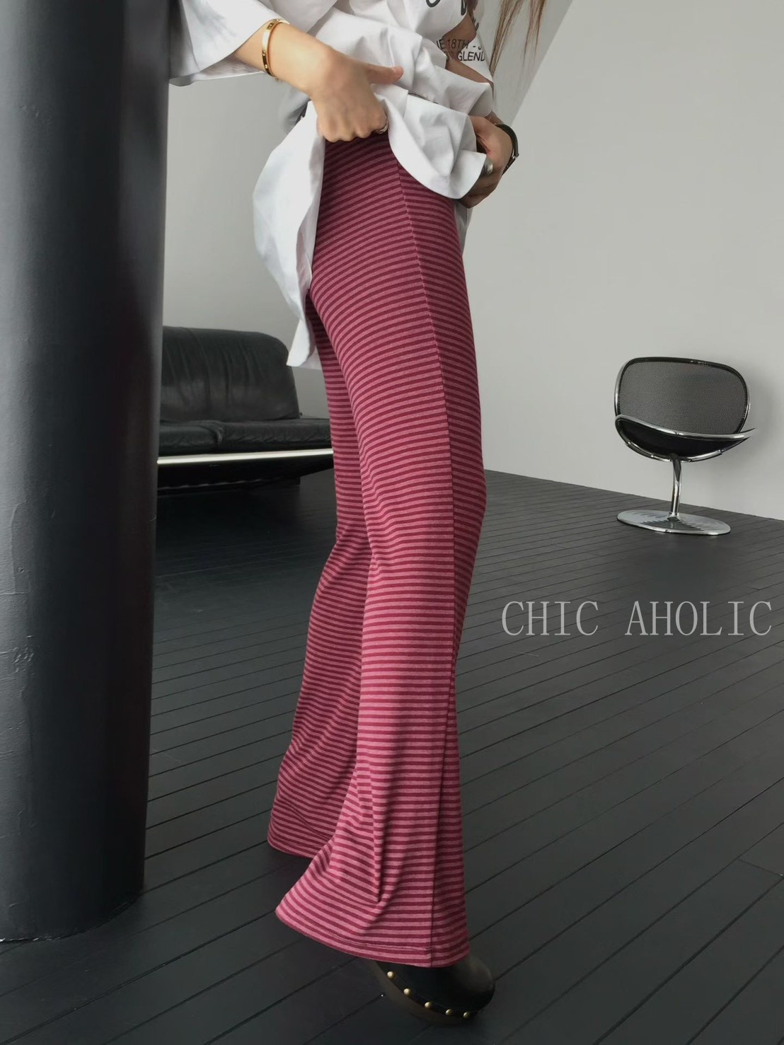 休閒橫條紋長褲