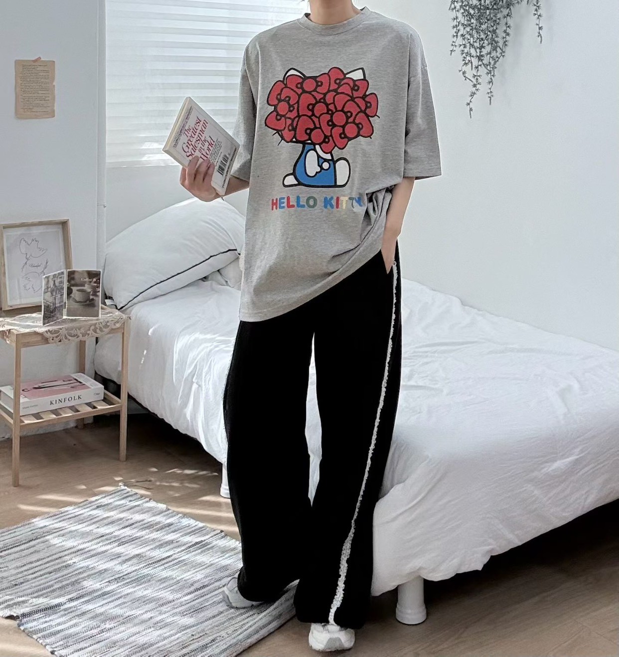 側邊緹花直筒棉褲 