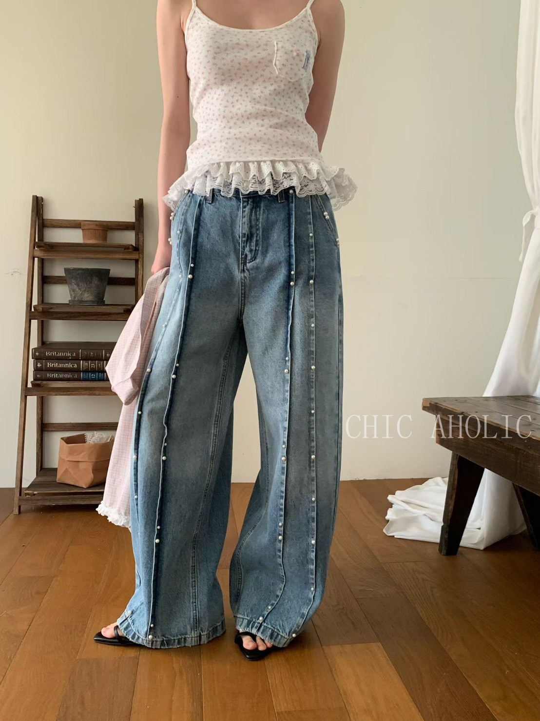 雙直排珍珠直筒牛仔褲