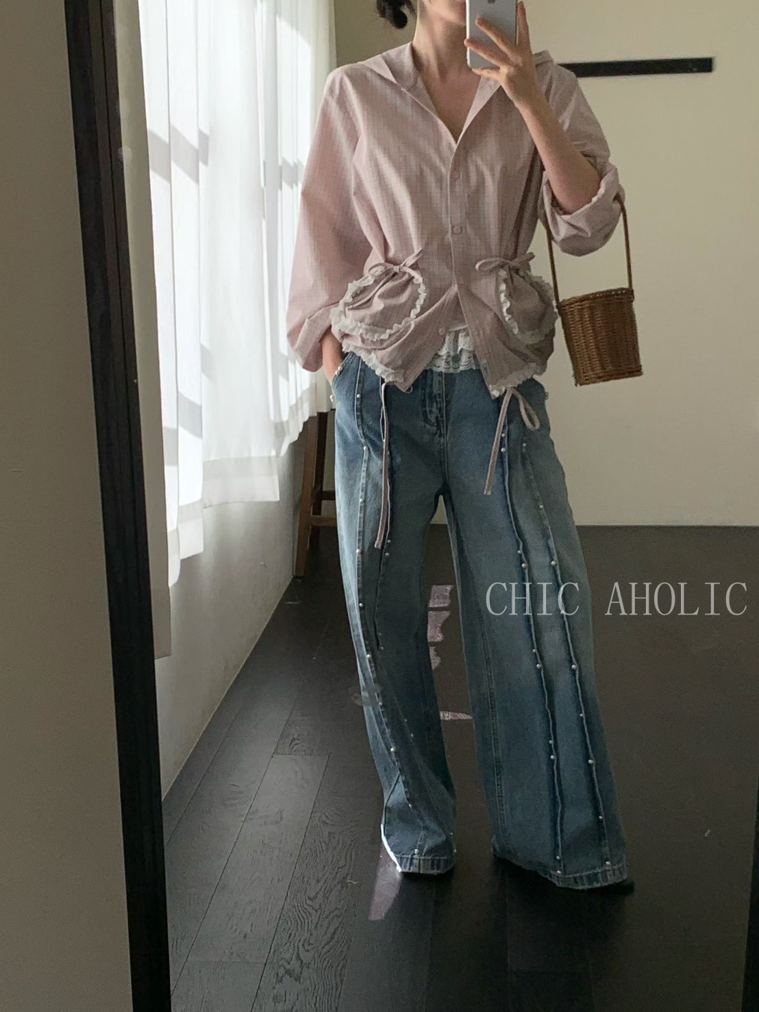 緹花雙口袋蝴蝶結連帽外套