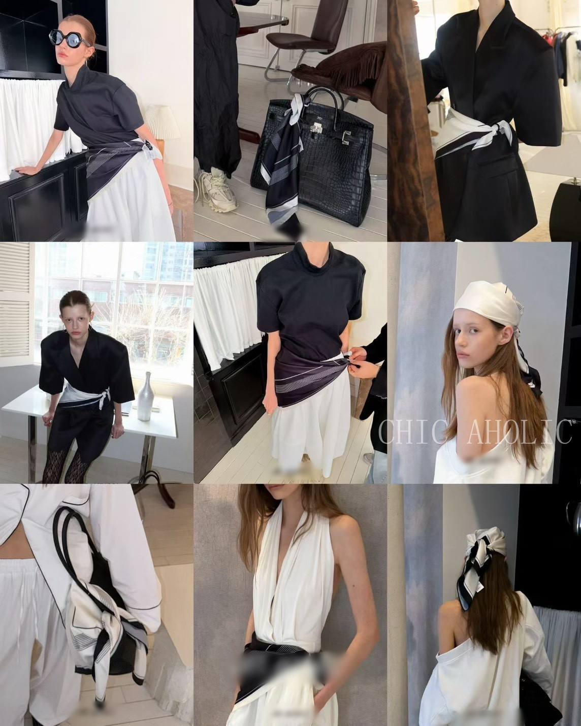 (N種魔法)簡約框線絲綢絲巾