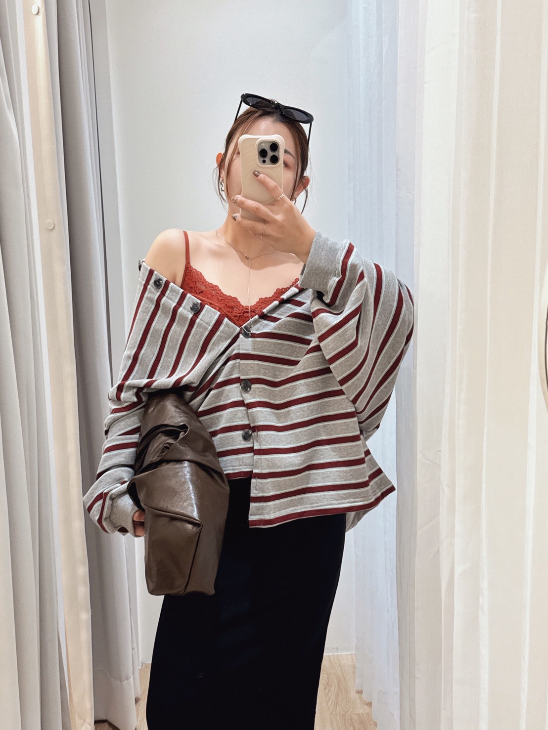 NOV19紅灰條紋有釦外套 