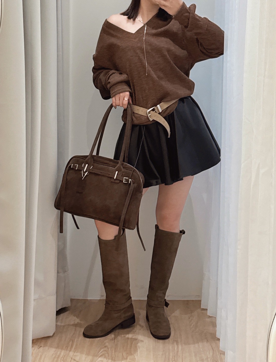 NOV43雙抽繩皮革褲裙 